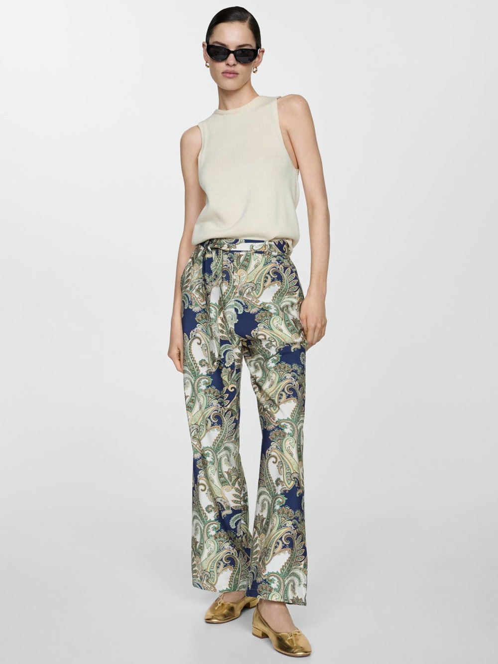 Mango Paisley Wide-Leg Trousers in Navy, Green & Cream